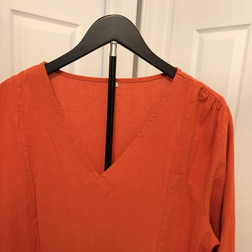 Orange Crinkle Cotton Midi Dress V Neck Long Sleeve Boho Pleated Lagenlook 2XL